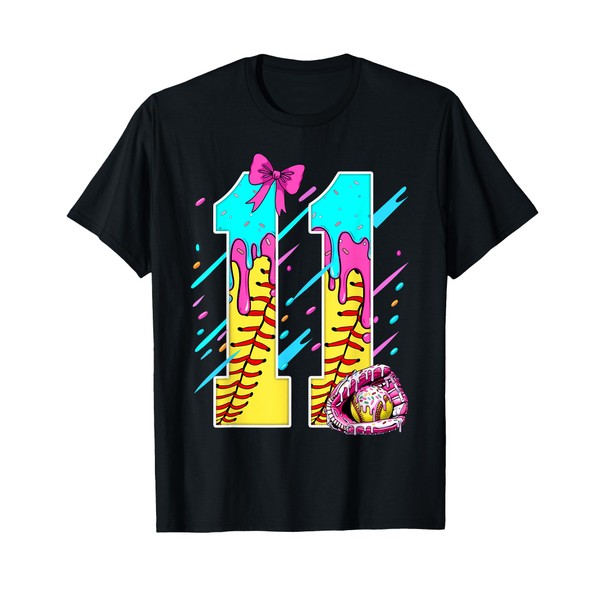11th Birthday Softball Ice Cream Drip Bow 11 Years Kids