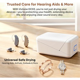 Vivtone DC03 Hearing Aid Dryer – 104°F Constant Heat Dehumidifier with UV LED, 2 / 8 Hour Auto Dry Modes – Portable Dry Box for Hearing Aids, AirPods & in Ear Devices