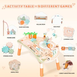 Hewaurorion Activity Table for 1+ Year Old, 9-in-1 Montessori Wooden Sensory Table with Shape Sorter Fishing Game Bead Maze, Baby Activity Center Toy Learning Toys for Toddler 12-18 Months
