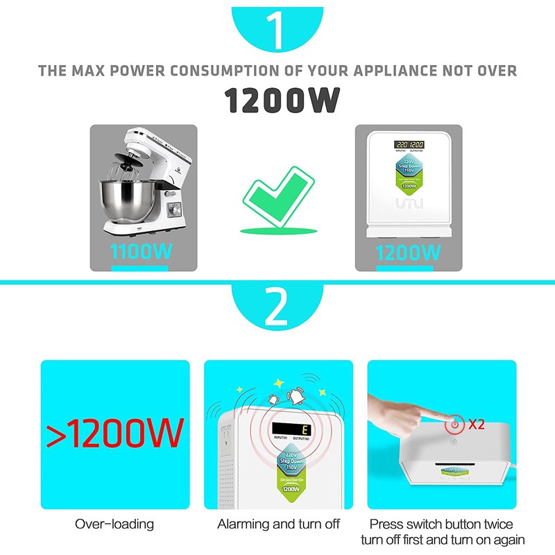 UMI 220V to 110V Step Down Voltage Converter 1200Watts Continuous