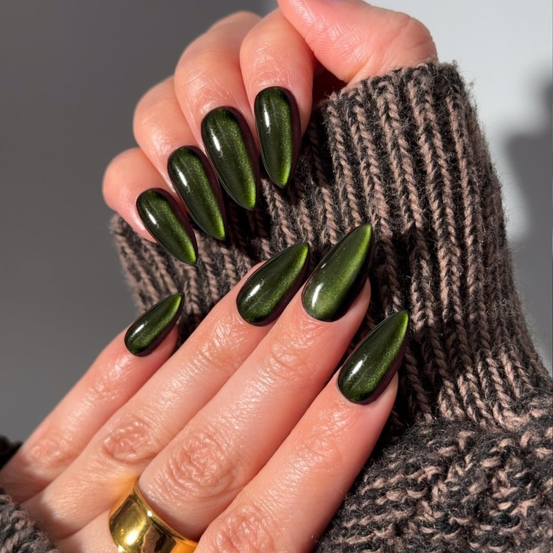 SXVME Neon Green Cat Eye Almond Nails, 30Pcs Press On,
