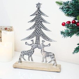 com-four® Premium Decorative Stand, Sculpture Statue Made of Nickel-Plated Aluminium on Mango Wood Base, Decorative Figure for Standing, Great Room Decoration (Silver, Reindeer + Tree)