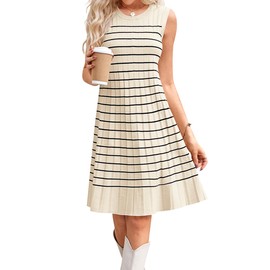 OUGES Women's 2025 Spring Summer Maternity Dresses for Pregancy Must Have Sleeveless Crew Neck Sweater Knit Maternity Clothes A Line Pleated Swing Casual Striped Short Business Dress(Apricot,L)