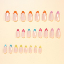 Almond Press on Nails Short Length Fake Nails Press ons Colorful French Tip Stick on Nail with Design Full Cover Acrylic Nails Glossy False Nail for Women DIY Manicuare 24 Pcs