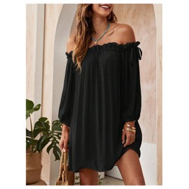 OYOANGLE Women's Swimsuit Cover Ups Off Shoulder Long Sleeve Beach Dress Frill Trim Swimwear Black Medium