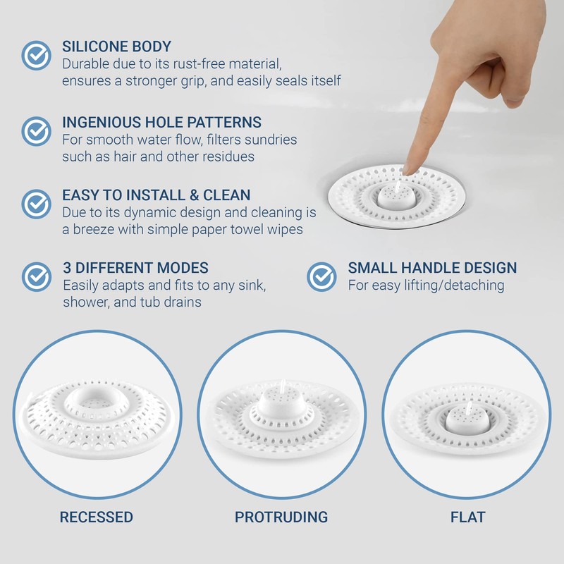 Meadow Lane Self-Sealing Hair Catcher for Multiple Drain Sizes, White