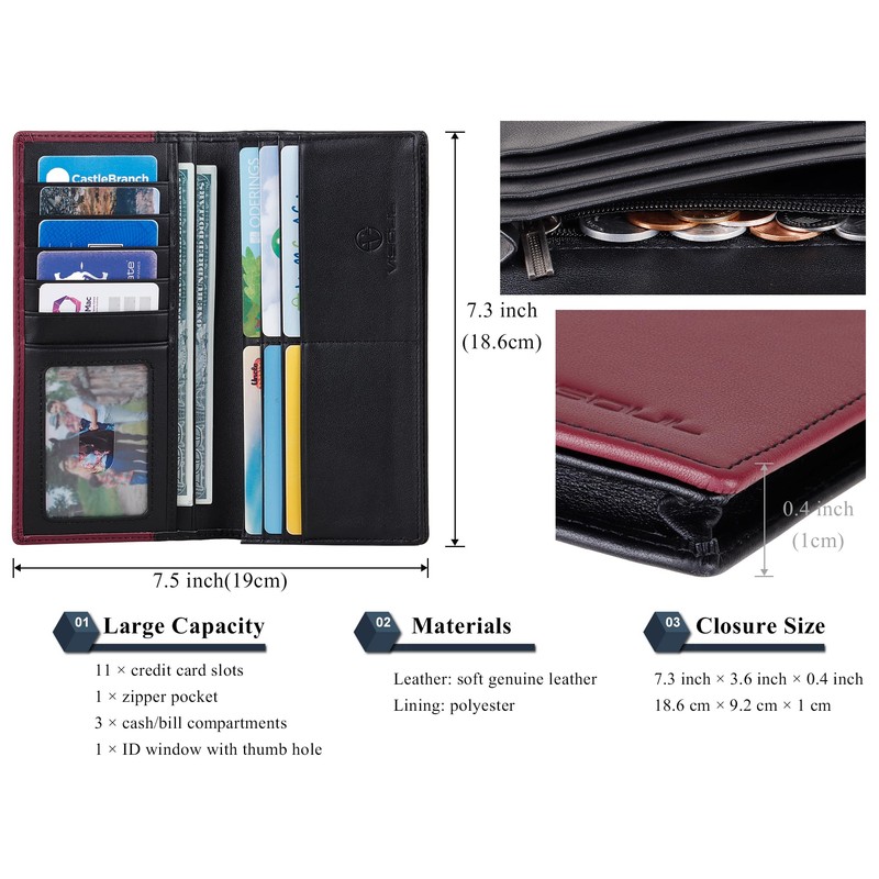 VISOUL Leather Long Checkbook Bi-fold Wallets with Zipper Pocket for