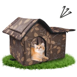Outdoor Cat House Weatherproof, Cat Houses for Outdoor Cats, Collapsible Stray Cat Shelter with Mat, Door and Edging Nails, Easy to Assemble (Brown)