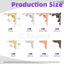 Swpeet 160Pcs 4 Colors Metal Book Corners Protector, 8 Styles Vintage Antique Book Scrapbooking Protector for Scrapbooking Photo Angle Book Menus Cover