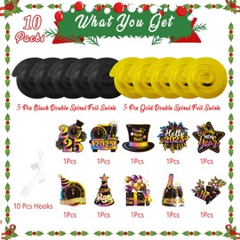 New Year Decorations 2025, 10PCS Happy New Year Eve Party Decorations Hanging Swirls Streamers, New Year Party Accessories for Home Indoor Outdoor