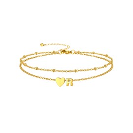 Silvora Initial Anklet for Women - Stainless Steel 14K Gold Plated Initial Anklet, Adjustable Letter R Anklets for Women - Dainty Heart Layered Chain