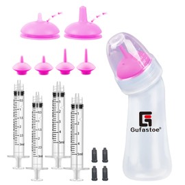 Gufastoe Pet Breeding Bottle with Feeding Nipple and Syringes Kitten Puppy Bottles for Breastfeeding Kit for Puppies Dogs Cats or Other Newborn Pets, Pack of 15 (Pink)