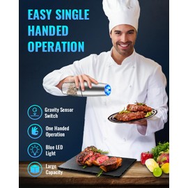 XinXu Gravity Electric Pepper and Salt Grinder Set, Salt/Pepper Mill & Adjustable Coarseness, Battery Powered with LED Light, One Hand Automatic Operation, (Set/Silver)