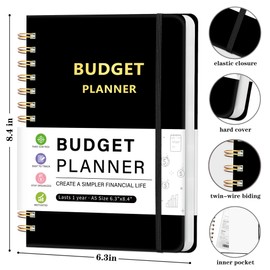 Budget Planner - Monthly Financial Organizer with Expense & Bill Tracker, Undated Finance Planner/Account Book for Effective Money Management, Spiral Binding,6.3"x8.4", Black