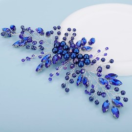 Teyglen Flower Crystal Headband Hair Vine Handmade Bridal Rhinestones Beads Headband Wedding Hair Accessories for Brides Floral Hair Pieces Headpieces for Women Girl (Blue)