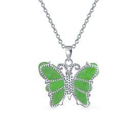 Handcrafted Carved Green Gemstone Jade Garden Butterfly Pendant Necklace For Women Teen .925 Sterling Silver With Chain