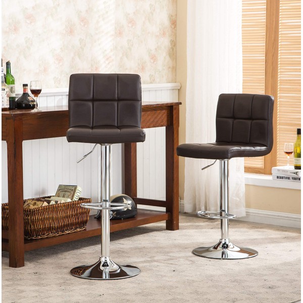 Roundhill Furniture 2 Swivel Elegant PU Leather Modern Adjustable Hydraulic Barstools, Brown