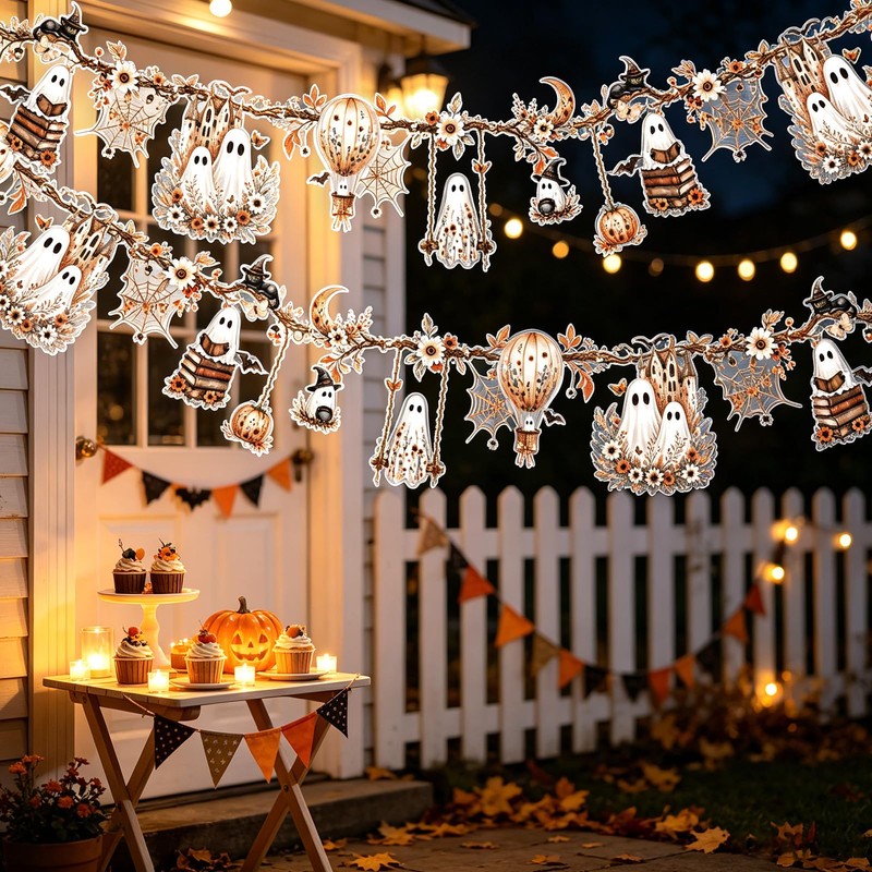 2Pcs Halloween Ghost Garland Double-Sided Autumn Hanging Decorations with Ghost
