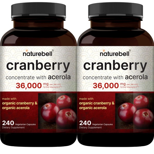 NatureBell 2 Pack Cranberry Pills 36,000mg with Acerola, 480 Veggie Capsules | 100:1 Fresh Cranberries Extract – Organic Ingredients – Supports Urinary Tract Health – Sugar Free
