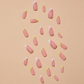 24PCS Press on Nails Almond Colorful French Tip Fake Nails with Glitter Designs Dirty Pink Acrylic Nails French Full Cover Almond Shaped Glue on Nails Summer Stick on Nails for Women Girls Manicure Decorations