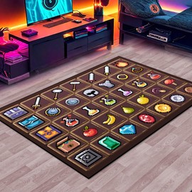 DRVAKO Game Rug Teen Boys Carpet with Pixel Games Element Items Decoration Mat, Weapon Medical Game Rugs for Boy’s Bedroom Living Room Playroom, Non-Slip Children Gaming Area Rugs (Brown, 63" x 47")