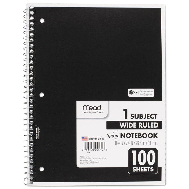 Mead Spiral Notebook, 1 Subject, Wide Ruled Paper, 100 Sheets,