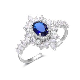 Aprilery Open Two-Fingers Statement Rings, Fashion Sapphire Cubic Zirconia Cocktail Ring Adjustable Size Wedding Party Prom Decoration Jewelry Ring for Women Girls Teens Valentines Day Gifts