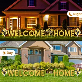 Yerliker 14 Pcs Welcome Home Yard Sign with Stakes LED Light 12.6" Welcome Home Lawn Sign Outdoor Yard Letters Decorations Patriotic Military Homecoming Party Supplies (Gold)
