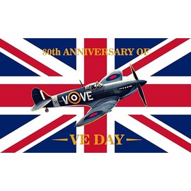 2025 VE Day 80th Anniversary 3x5ft Flag Banner Decorations Memorabilia 80 Years Victory In Europe, Patriotic Spitfire Decorations for Victory In Europe RAF WW2 1945 Union Jack
