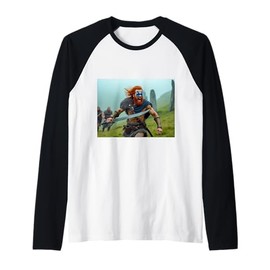 Proud Highlander stands defiant over misty Scottish hills Raglan Baseball Tee