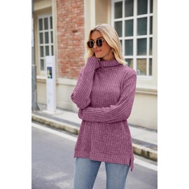 Famulily Baggy Jumpers for Women Turtleneck, Long Sleeve Striped Side Splits Pullover Sweater Tops (S, Wine)