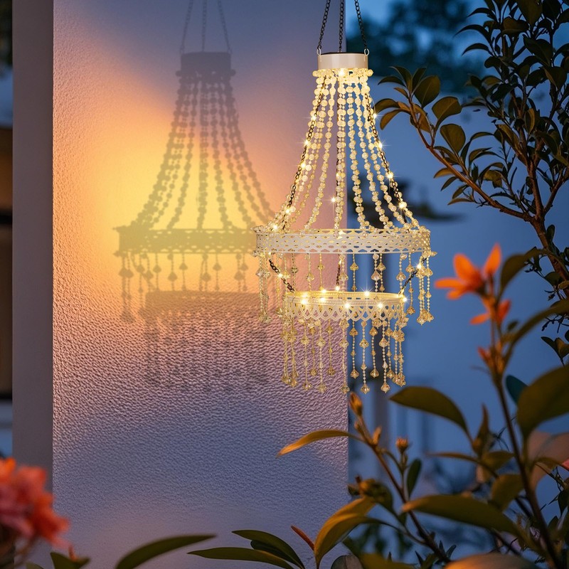 Hanging Solar Light Lantern Outdoor with Warm Crystal Chandelier Double