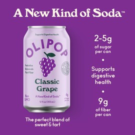 OLIPOP Prebiotic Soda Pop, Classic Grape, A New Kind of Soda Packed with Prebiotics, Fiber, and Botanicals, Gluten Free, Vegan, GMO Free, 12oz (12-Cans)
