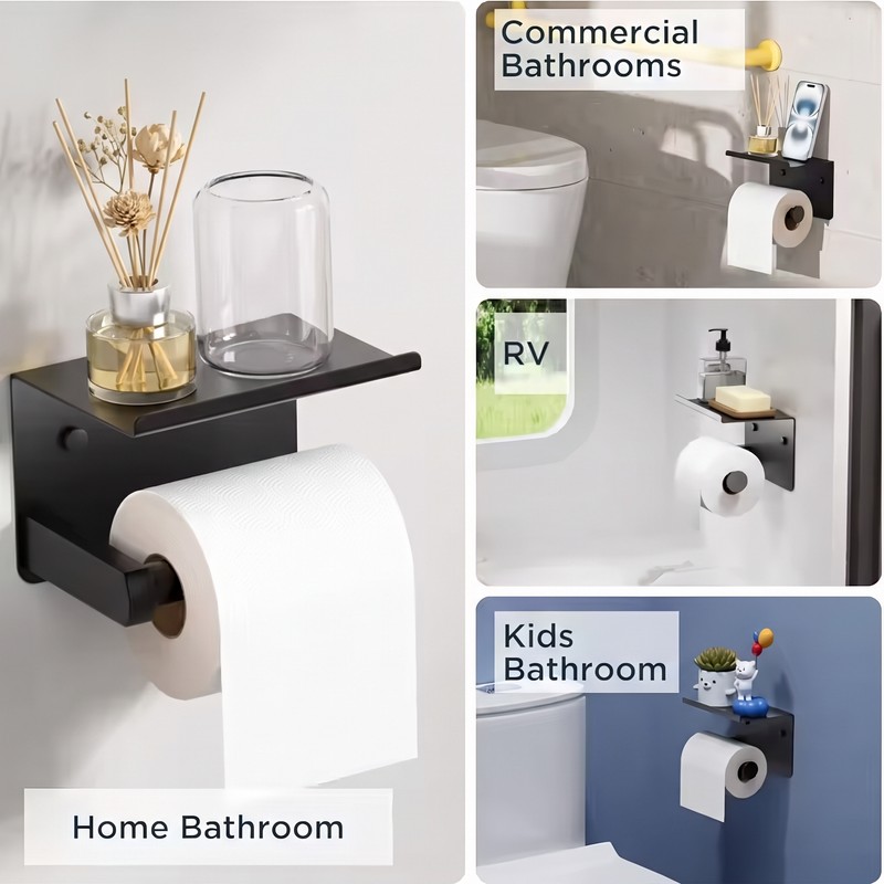 Wall-Mounted Toilet Paper Holder with Shelf – Black Stainless Steel