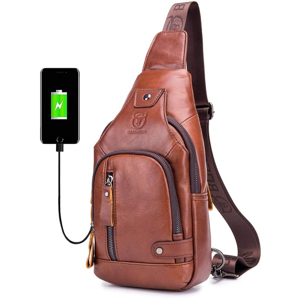 BULLCAPTAIN Leather Sling Bag Mens Chest Bag Casual Shoulder Crossbody Bags Travel Hiking Backpacks Daypack with USB Charging Port (Brown)