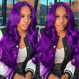 GAlWAC Purple Glueless Wigs Human Hair Pre Plucked Pre Cut With Baby Hair 200% Density Purple 5x5 Body Wave Lace Front Wigs Human Hair For Women HD Transparent Lace Frontal Violet Colored Wig 18 Inch