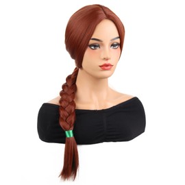 MAGQOO Women Girls Princess Long Reddish Brown Braided Wig with Green Ribbon Cosplay Party Wig