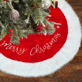 Artmag Merry Christmas Tree Skirt 36 inches Large Luxury Faux Fur White Red Tree Skirt with Snowflake Double Layers Soft Tree Skirt for Christmas Holiday Decorations