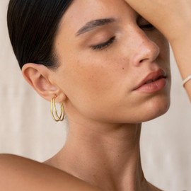 OOOPEL Large Thin Gold Double Hoop Earrings for Women Lightweight Hypoallergenic S925 Post Large Hoop Earrings 14K Golden Non Tarnish Layered Big Thin Gold Hoops