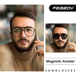 FEISEDY Aviator Eyewear Frames Polarized UV Protection Magnetic Clip on Sunglasses for Men Women Retro Clear Eyeglasses B0112