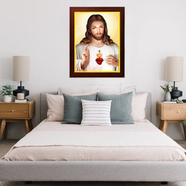 zig zag Lord Jesus Christ Large Photo With Frame For Wall Hanging / pooja room Size Big (18x26 inches, Acrylic Glass) 2, Brown