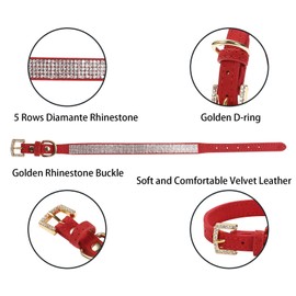LOVPE Rhinestone Dog Collar,Golden Diamond Buckle and Suede Leather with Crystal Diamond Pet Dog Collar Beautiful and Sparkly Dog Cat Rhinestone Collar for Small Dogs/Cats (XS, Red)