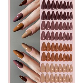 Almond Press-On Nails, 96 Pieces, French Tip Design with Pearls, Black/Red/White/Pink Tips (Browns - Earthy)