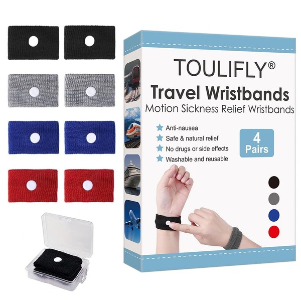TOULIFLY Travel Wristbands,Travel Motion Sickness Relief Wrist Band,Natural Nausea Relief, 4-Pair