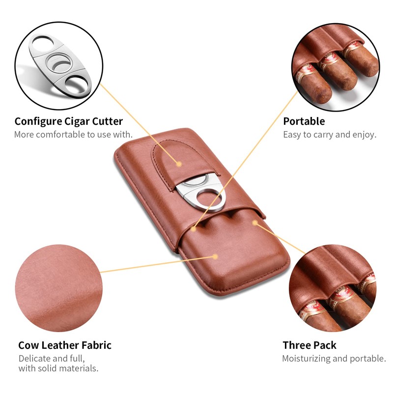 CIGARLOONG Cigar Case Brown Cigar Leather Humidor for 3 Cigars