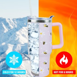 Xchearser 40 oz Cute Daisy Bee Tumbler with Handle and Straw, Stainless Steel Insulated Cup with Lid and Straw, Travel Mug Water Bottle, Gifts for Women