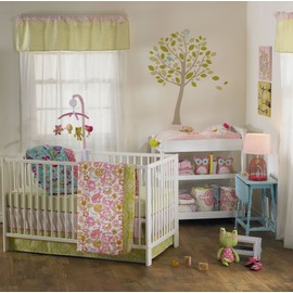 Lolli Living 100% Cotton Crib Bed Skirt (Green Damask/Pink Twill). Machine-Washable Dust Ruffle for Baby Crib (Poppy Seed Collection)