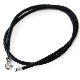 LynnAround Leather Necklace, Sterling Silver Clasp, 2mm 3mm Round Genuine Black Leather Cord Chain 16"-24" Rope Necklace (18, 3mm Black (Braided))