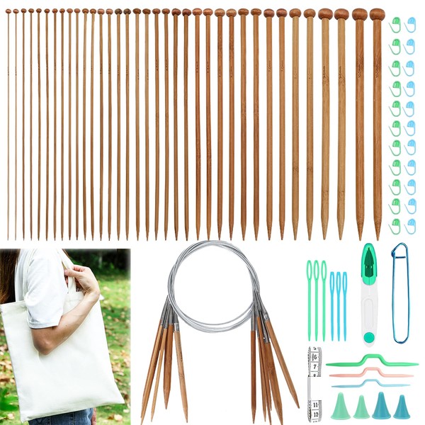 Hobekoee Bamboo Knitting Needles Set,36Pcs 9.8" Straight Single Pointed Bamboo