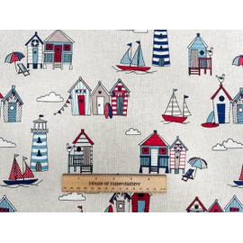 Canvas Fabric - Beach Huts Lighthouses Boats Seaside Print on Natural - Craft Fabric Material